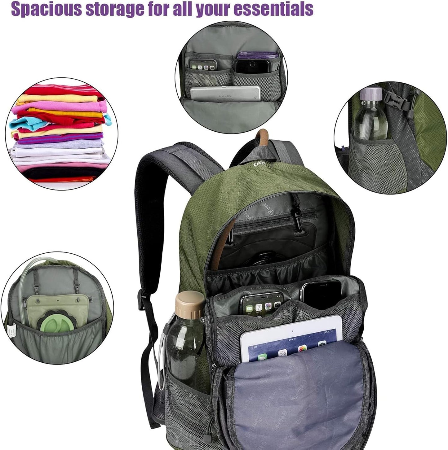 35L Hiking Backpack Water Resistant Outdoor Sports Travel Daypack Lightweight with Rain Cover for Women Men (Army Green)